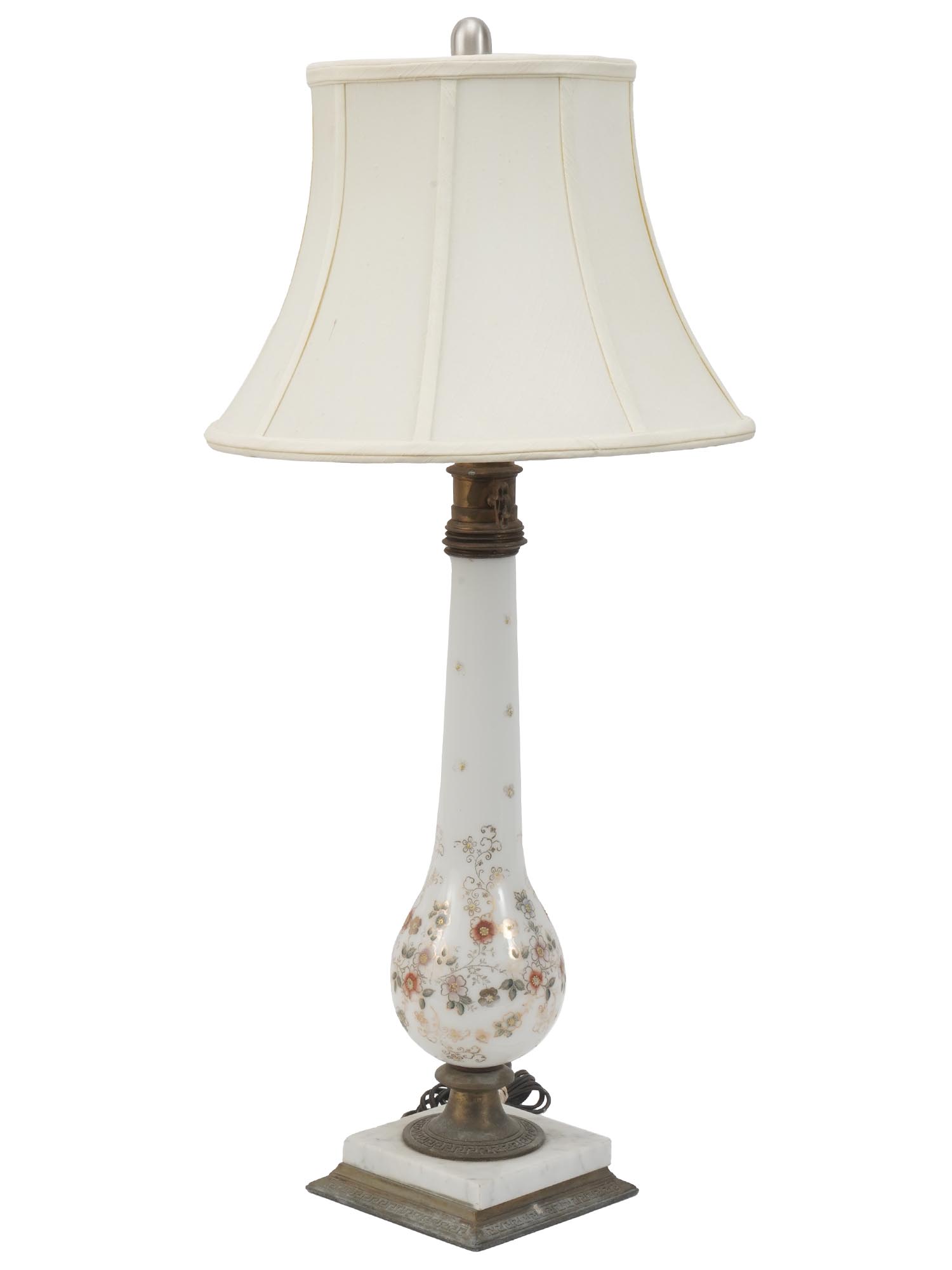 HAND PAINTED BRASS WHITE GLASS TABLE LAMP W SHADE PIC-0